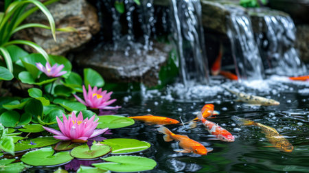 A beautifully landscaped outdoor goldfish pond with cascading waterfalls and serene koi fish swimming among water lilies and rocks.の素材