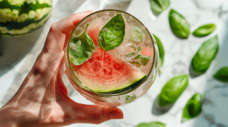 A hand holding a glass of watermelon and basil-infused water, with slices of fresh fruit floating in the cool, clear liquid.の素材
