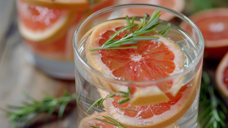 A close-up of a glass of water infused with slices of grapefruit and rosemary, providing a subtle yet refreshing flavor combinationの素材