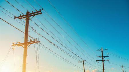 A low-angle view of power lines and utility poles against a clear blue sky, with sunlight casting dramatic shadows on the ground below.の素材