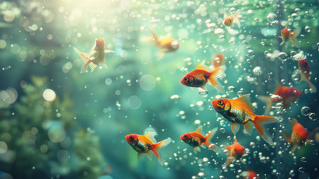 A mesmerizing underwater view of a goldfish tank, with bubbles rising and sunlight filtering through the water, creating a tranquil ambiance.の素材