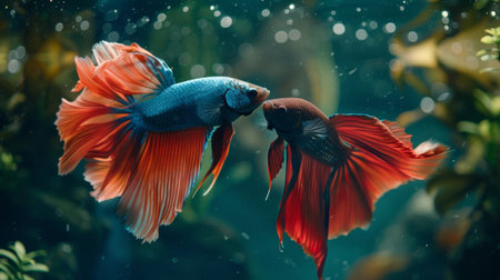 A pair of male betta fish engaged in a territorial display, flaring their fins and displaying vibrant colors in a captivating underwater dance.の素材