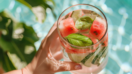 A hand holding a glass of watermelon and basil-infused water, with slices of fresh fruit floating in the cool, clear liquid.の素材