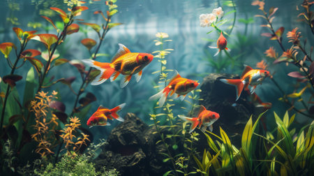 A tranquil underwater scene showcasing a variety of goldfish breeds gracefully navigating among aquatic plants and decorative elements.の素材