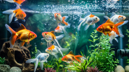 A vibrant aquarium filled with beautiful goldfish swimming gracefully in crystal-clear water, adding color and life to any space.の素材