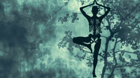 A silhouette of a person performing yoga, with the skeletal structure overlaid to illustrate the alignment and posture of the body.の素材