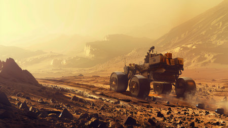 A space rover exploring the surface of Mars, traversing rocky terrain and collecting samples for analysis back on Earth.の素材