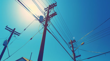 A low-angle view of power lines and utility poles against a clear blue sky, with sunlight casting dramatic shadows on the ground below.の素材