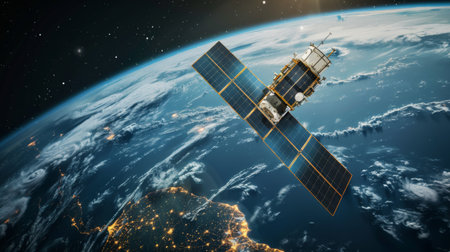 A satellite orbiting high above the Earth, capturing data and images of our planet's surface with advanced technology.の素材