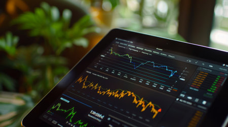 A tablet screen displaying real-time stock market graphs and charts with interactive features for data analysis.の素材