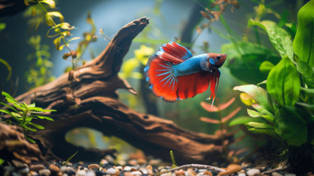 A vibrant betta fish swimming among aquatic plants and driftwood in a beautifully aquascaped aquarium, creating a serene underwater landscape.の素材