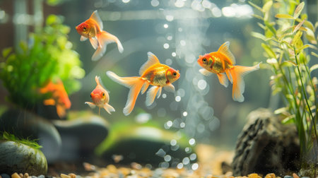 A serene Zen-style goldfish tank with minimalist design and carefully curated elements, offering a peaceful retreat for relaxation.の素材