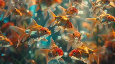 An ornate fish tank filled with a school of exquisite goldfish, their shimmering scales catching the light as they glide through the water.の素材