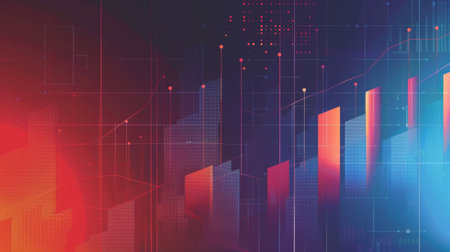 An abstract background with geometric shapes and colorful gradients, representing data visualization and analysis.の素材