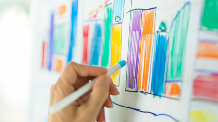 Close-up of a hand drawing a bar graph on a whiteboard, illustrating data analysis and strategic planning.の素材