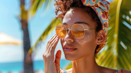 A woman applying sunscreen to her face, emphasizing the importance of sun protection in maintaining healthy and youthful-looking skinの素材