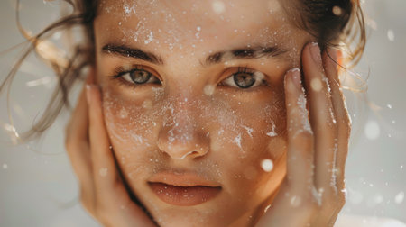 A young woman gently exfoliating her face with a facial scrub, promoting smooth and glowing skin through proper exfoliationの素材