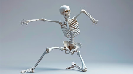 An artist's rendering of a human skeleton, posed in a dynamic stance to demonstrate the range of motion and flexibility of joints.の素材