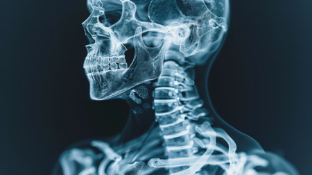 An X-ray image of a human skeleton, showcasing the intricate structure of bones and joints in the human body.の素材