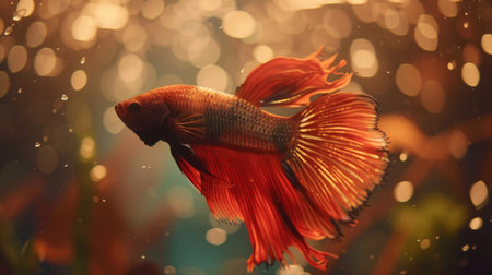 Close-up of a betta fish swimming gracefully in its tank, with iridescent scales shimmering under the aquarium lights.の素材