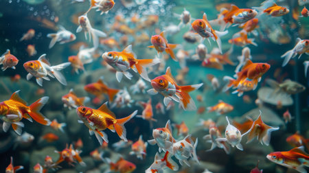 An ornate fish tank filled with a school of exquisite goldfish, their shimmering scales catching the light as they glide through the water.の素材