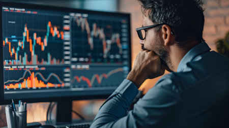 An investor discussing stock market trends and graphs with a financial advisor in a modern office setting.の素材