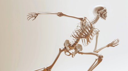An artist's rendering of a human skeleton, posed in a dynamic stance to demonstrate the range of motion and flexibility of joints.の素材
