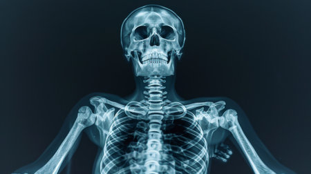 An X-ray image of a human skeleton, showcasing the intricate structure of bones and joints in the human body.の素材