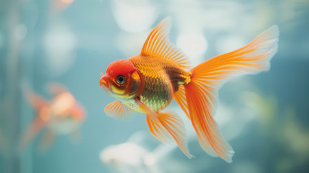 Close-up of a majestic goldfish with flowing fins and shimmering scales, gliding elegantly through the serene waters of its tank.の素材