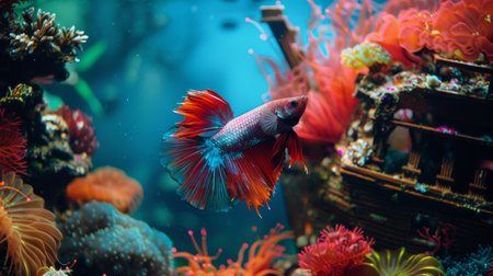 An underwater view of a betta fish exploring a sunken shipwreck decoration in its aquarium, with colorful corals and artificial reefs.の素材