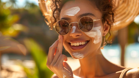 A woman applying sunscreen to her face, emphasizing the importance of sun protection in maintaining healthy and youthful-looking skinの素材