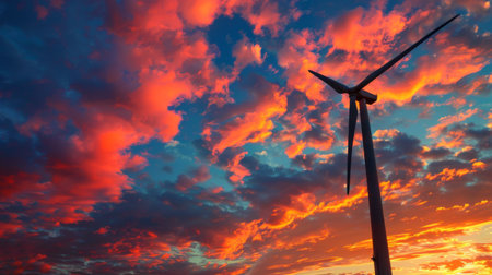 A wind turbine against a dramatic sky filled with clouds, symbolizing the potential of renewable energy to combat climate change.の素材
