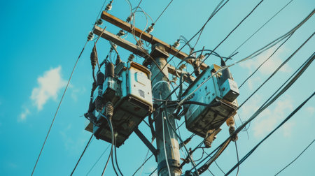 Close-up of an electrical transformer mounted on a utility pole, with power lines and cables branching out in different directions.の素材