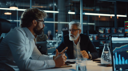 An investor discussing stock market trends and graphs with a financial advisor in a modern office setting.の素材