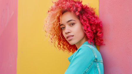 An attractive woman with vibrant hair posing against a colorful background, showcasing her unique style and personality.の素材