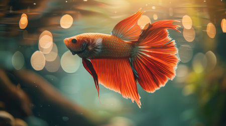 Close-up of a betta fish swimming gracefully in its tank, with iridescent scales shimmering under the aquarium lights.の素材