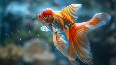 Close-up of a majestic goldfish with flowing fins and shimmering scales, gliding elegantly through the serene waters of its tank.の素材