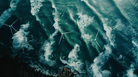 Aerial view of wind turbines in a coastal area, harnessing the strong ocean winds to generate electricity for nearby communities.の素材