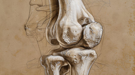 An anatomical drawing of the human knee joint, showing the complex arrangement of bones, ligaments, and cartilage in the knee.の素材