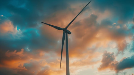 A wind turbine against a dramatic sky filled with clouds, symbolizing the potential of renewable energy to combat climate change.の素材