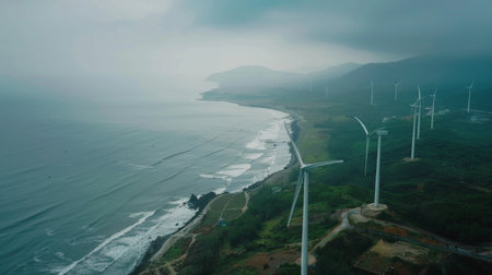 Aerial view of wind turbines in a coastal area, harnessing the strong ocean winds to generate electricity for nearby communities.の素材