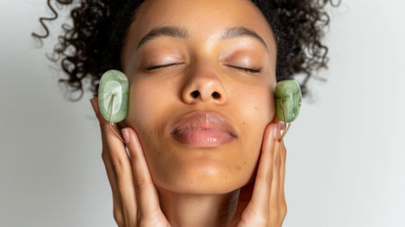 A woman massaging her face with jade rollers, promoting lymphatic drainage and circulation for a healthier complexion.の素材