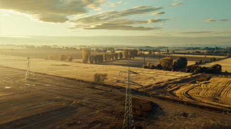 An aerial view of a rural landscape with power transmission towers and lines stretching across fields and farmlandの素材