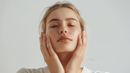 A woman performing facial yoga exercises to tone and tighten facial muscles, promoting a more youthful appearance and improved skin elasticity.の素材
