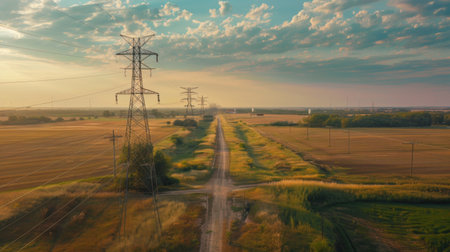 An aerial view of a rural landscape with power transmission towers and lines stretching across fields and farmlandの素材