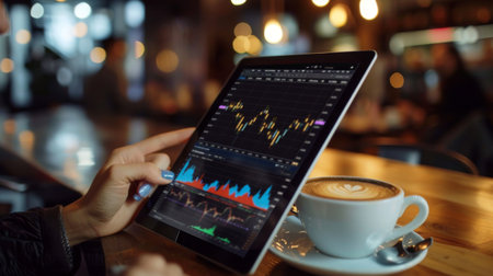 An investor studying stock market graphs and charts on a digital tablet while enjoying a cup of coffee in a cafe.の素材