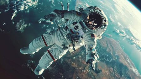 An astronaut floating outside the International Space Station, conducting a spacewalk with Earth as a breathtaking backdrop.の素材
