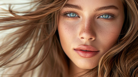 Close-up portrait of a stylish young woman with flawless makeup and long flowing hair, exuding confidence and beauty.の素材