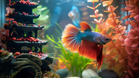 An ornate betta fish tank adorned with colorful decorations and live plants, providing a serene and natural habitat for these majestic fish.の素材