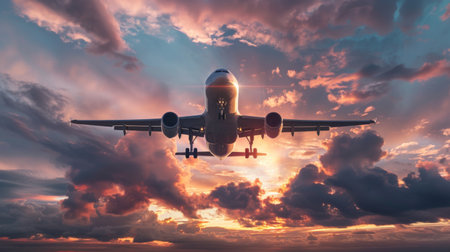 Airplane taking off against a dramatic sky, symbolizing progress, mobility, and the thrill of explorationの素材